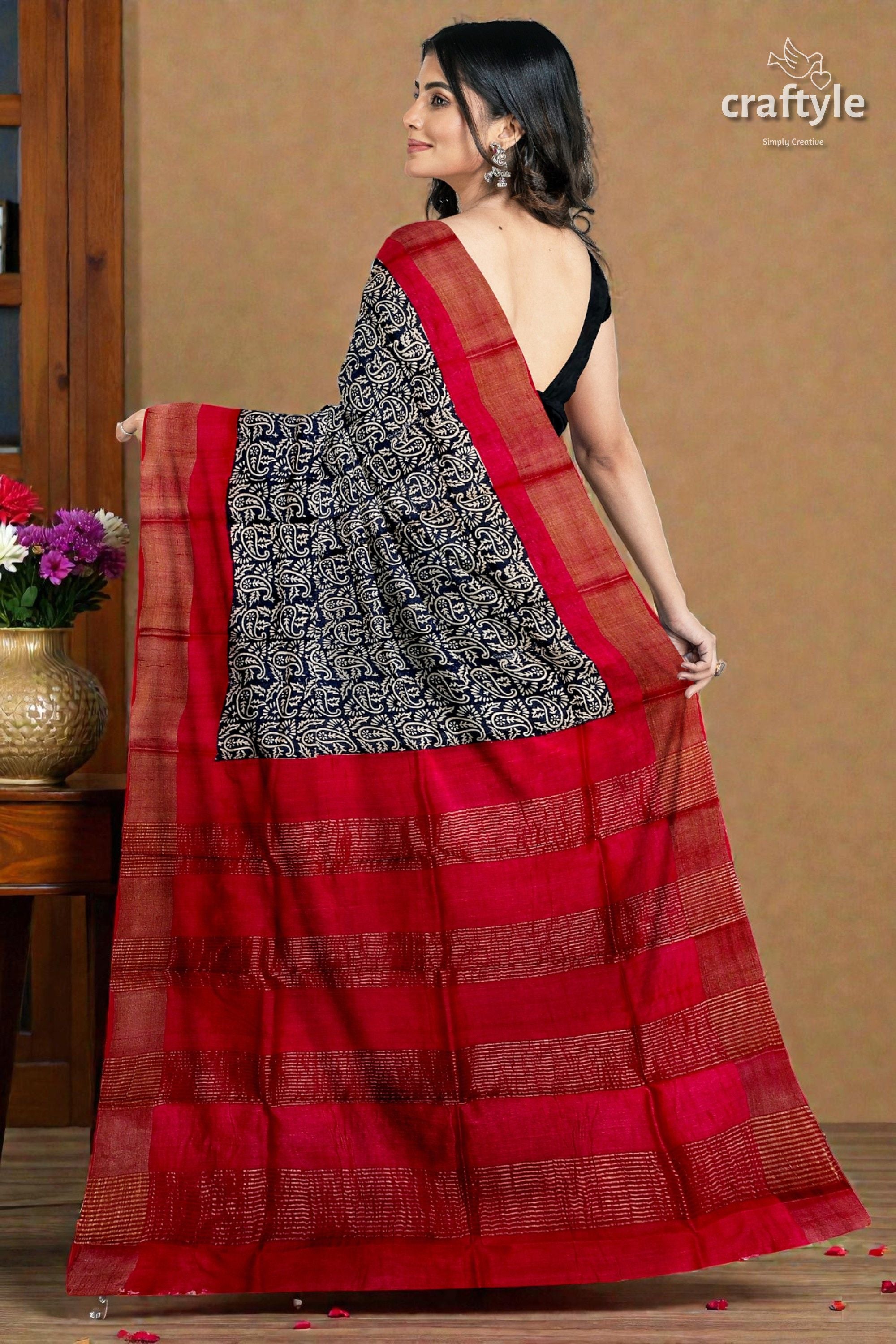Raven Black Red Hand Block Print Zari Border Pure Tussar Saree