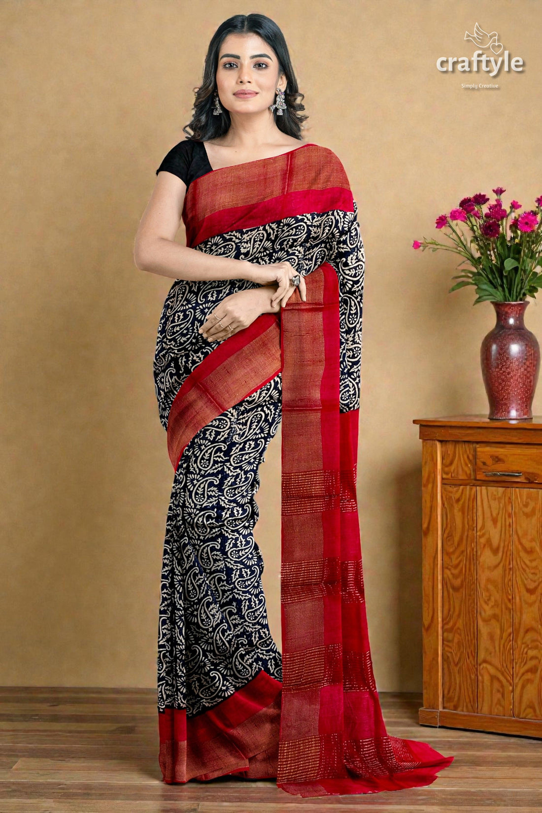 Raven Black Red Hand Block Print Zari Border Pure Tussar Saree