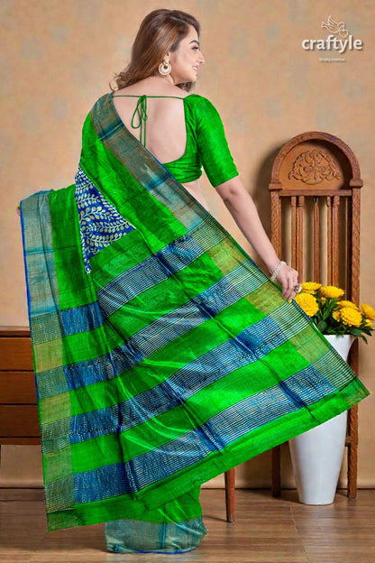 Blue and Green Hand Block Print Pure Tussar Saree with Zari Border