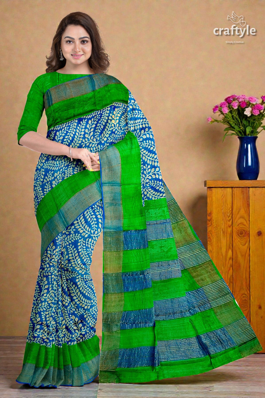 Blue and Green Hand Block Print Pure Tussar Saree with Zari Border