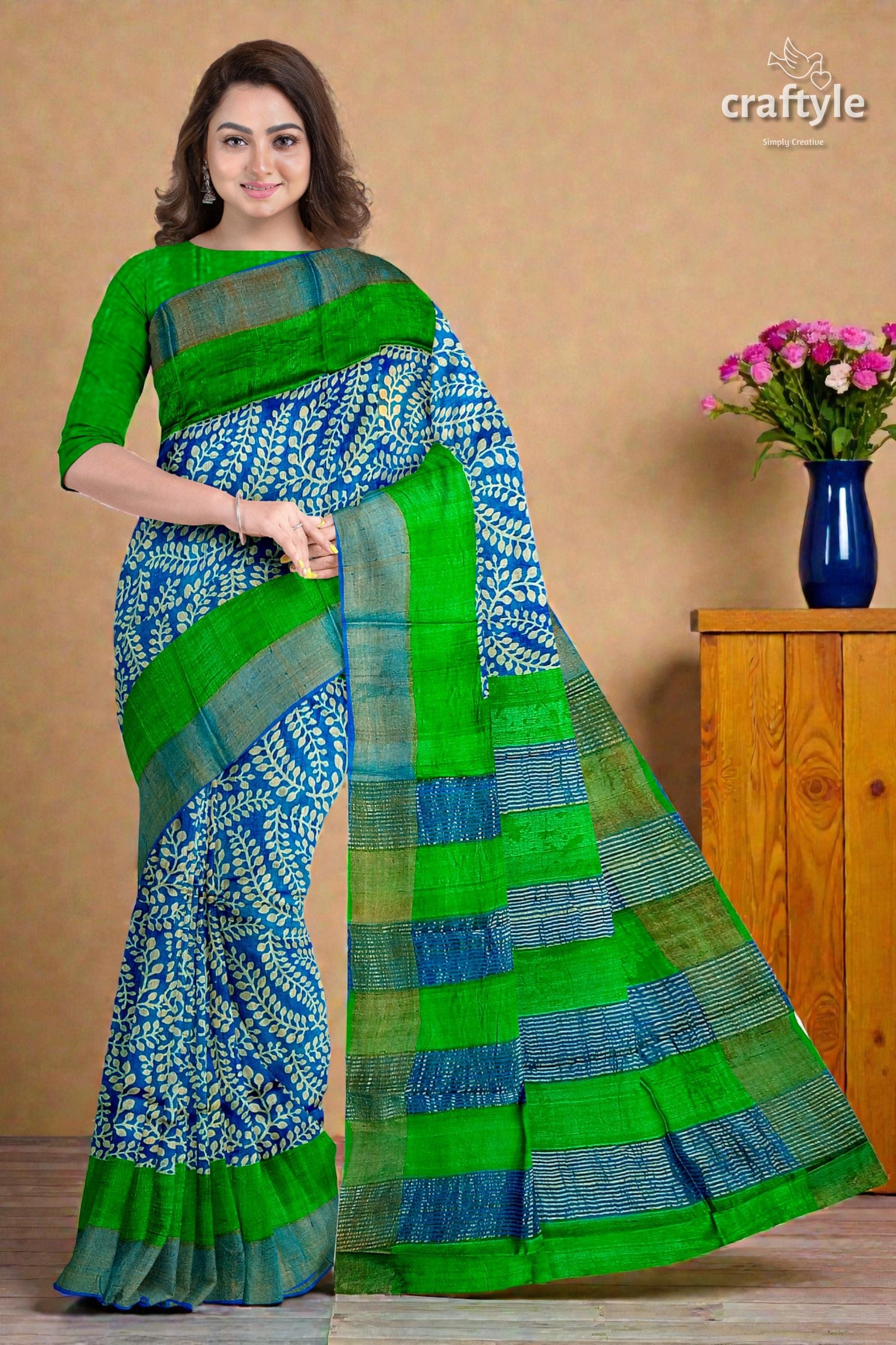 Blue and Green Hand Block Print Pure Tussar Saree with Zari Border