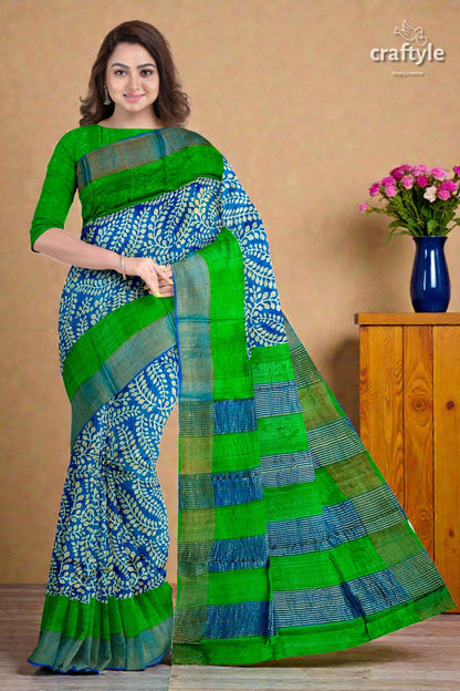 Blue and Green Hand Block Print Pure Tussar Saree with Zari Border