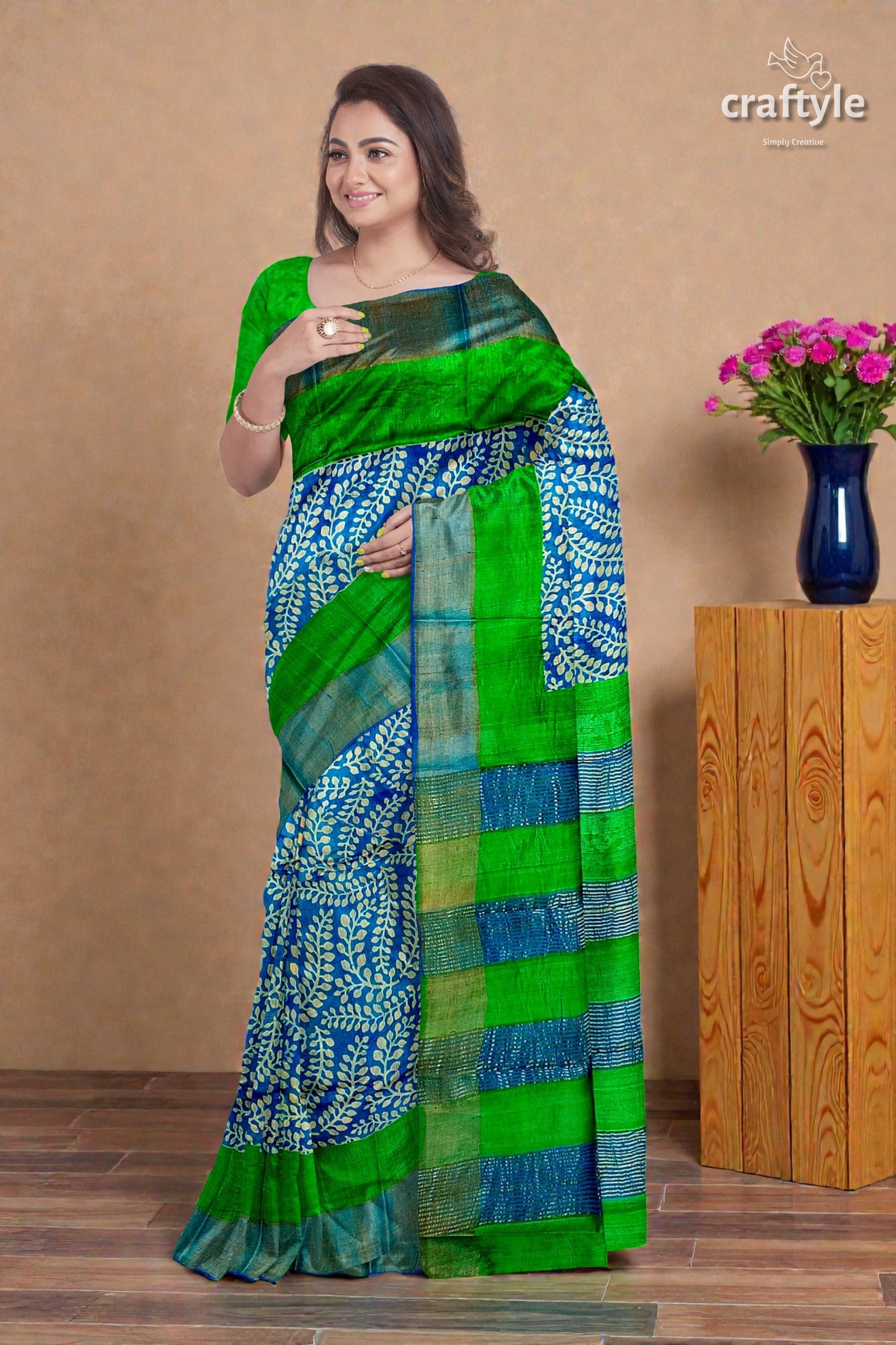 Blue and Green Hand Block Print Pure Tussar Saree with Zari Border