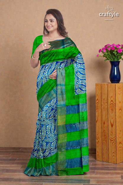 Blue and Green Hand Block Print Pure Tussar Saree with Zari Border