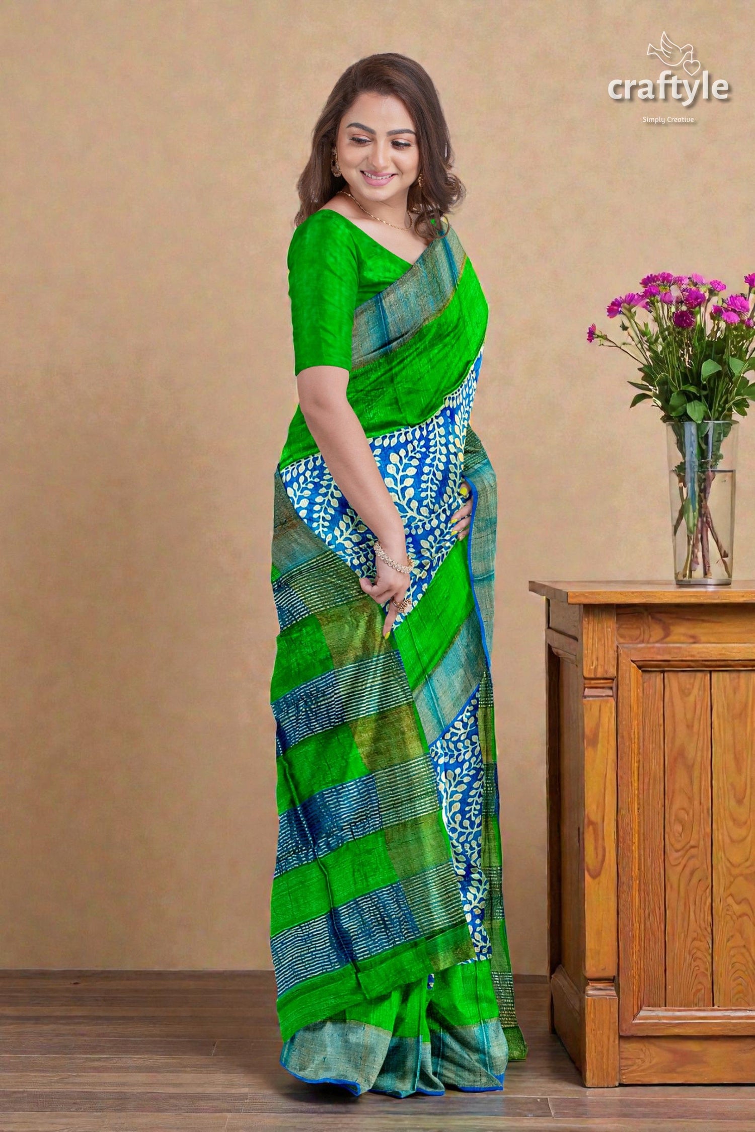 Blue and Green Hand Block Print Pure Tussar Saree with Zari Border