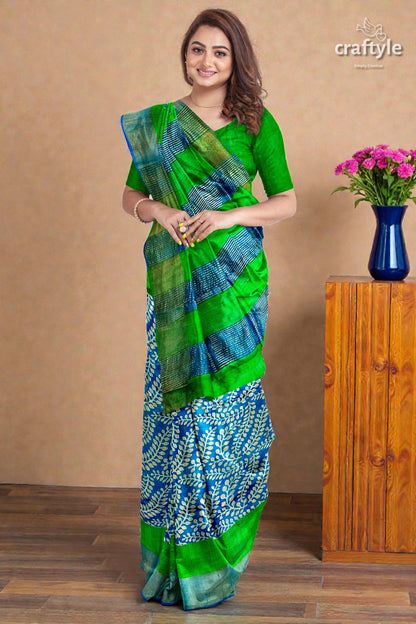 Blue and Green Hand Block Print Pure Tussar Saree with Zari Border