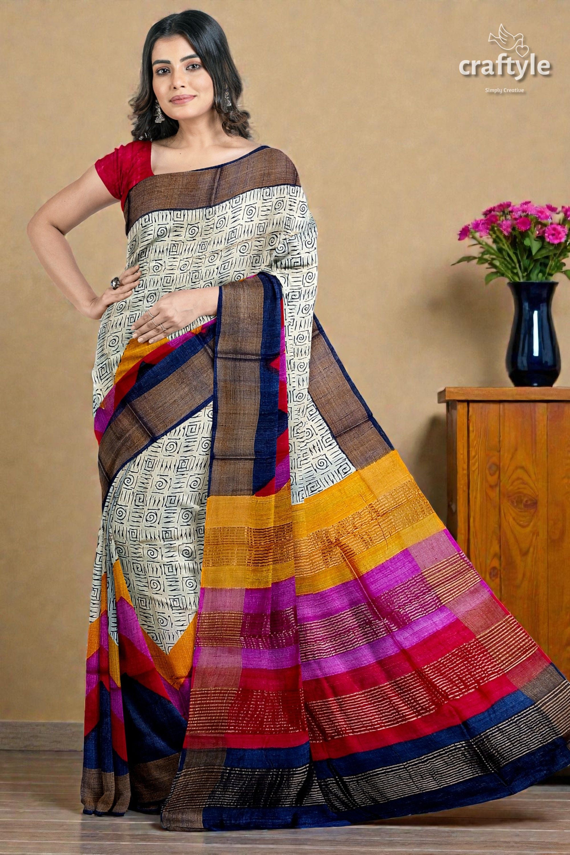 Multicolor Hand Block Print Zari Border Pure Tussar Silk Saree