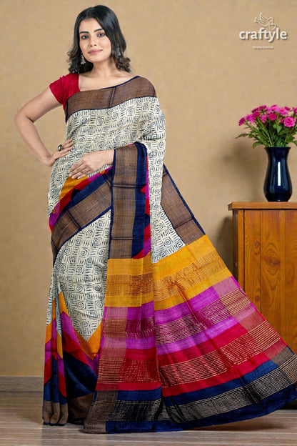 Multicolor Hand Block Print Zari Border Pure Tussar Silk Saree