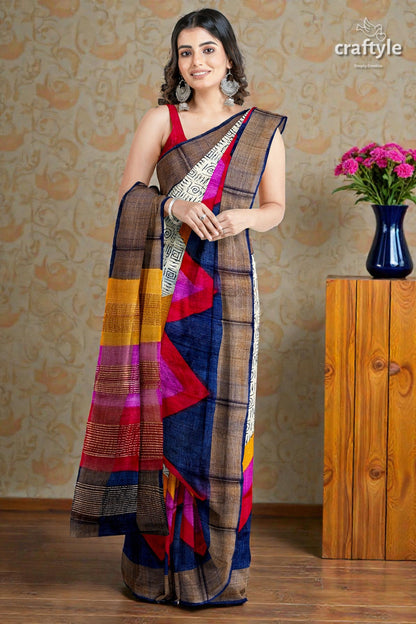 Multicolor Hand Block Print Zari Border Pure Tussar Silk Saree