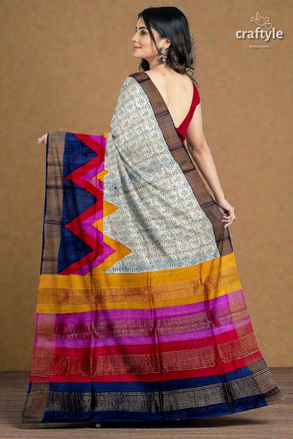 Multicolor Hand Block Print Zari Border Pure Tussar Silk Saree