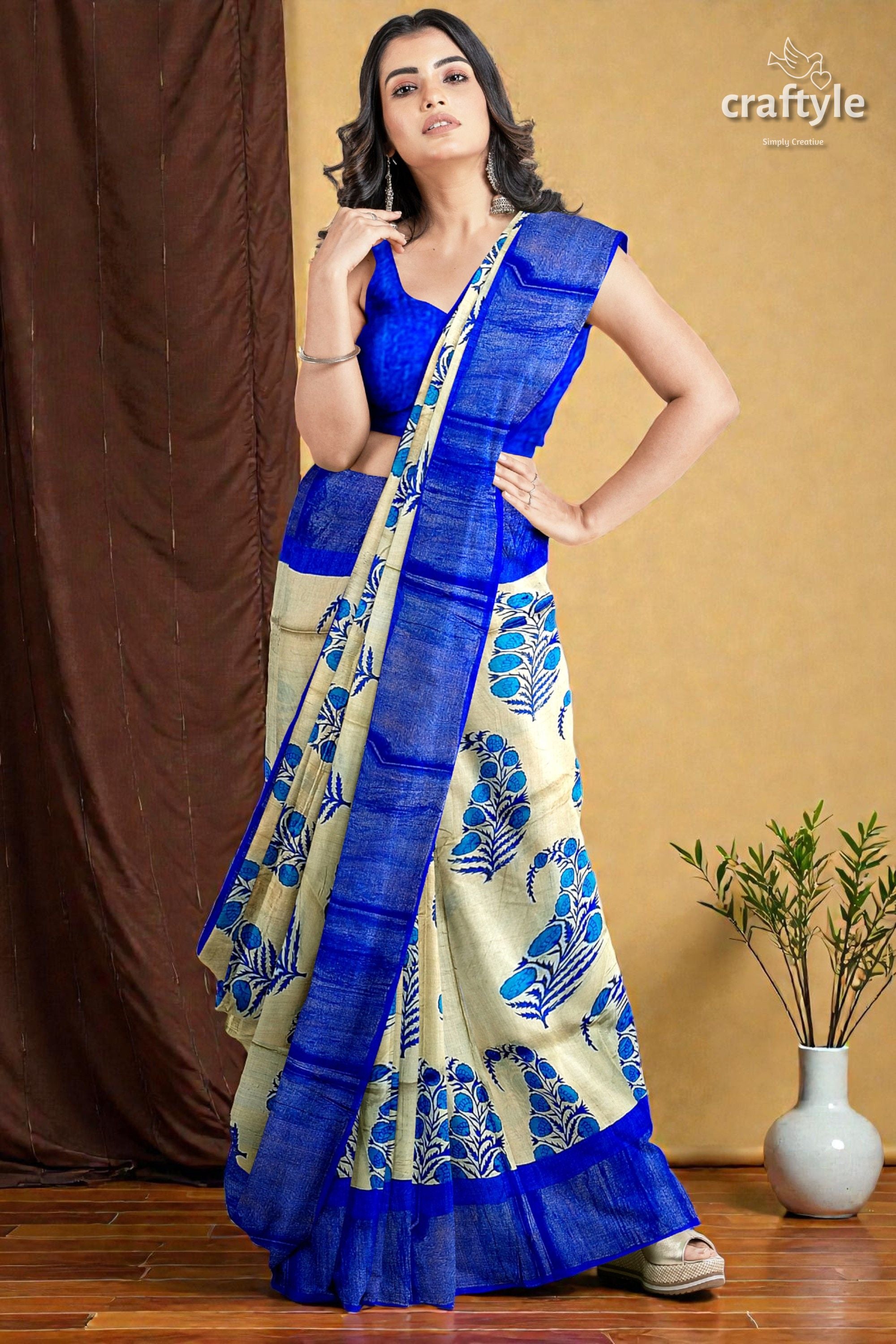 Azure Blue Cream Hand Block Print Zari Border Pure Tussar Saree