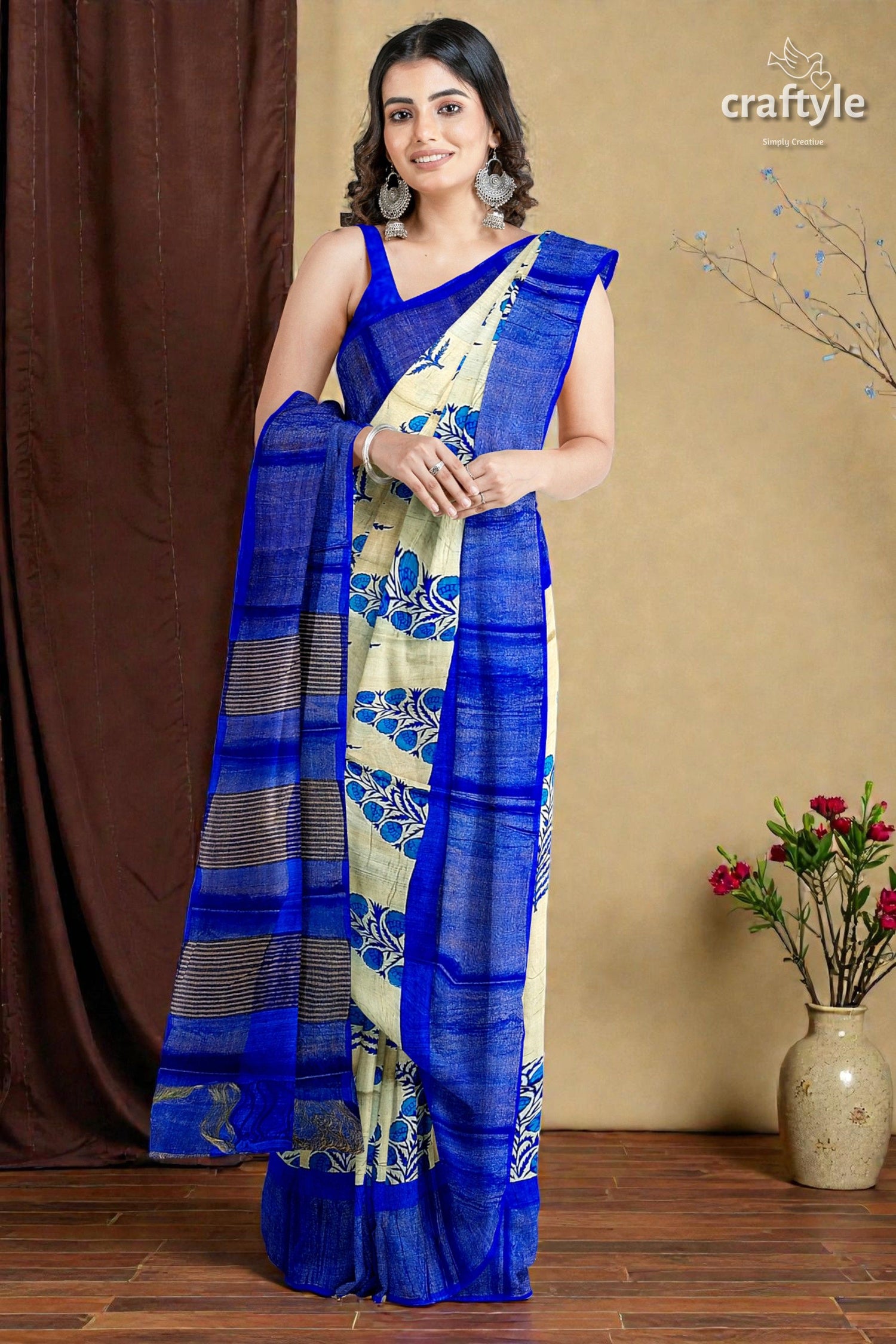 Azure Blue Cream Hand Block Print Zari Border Pure Tussar Saree