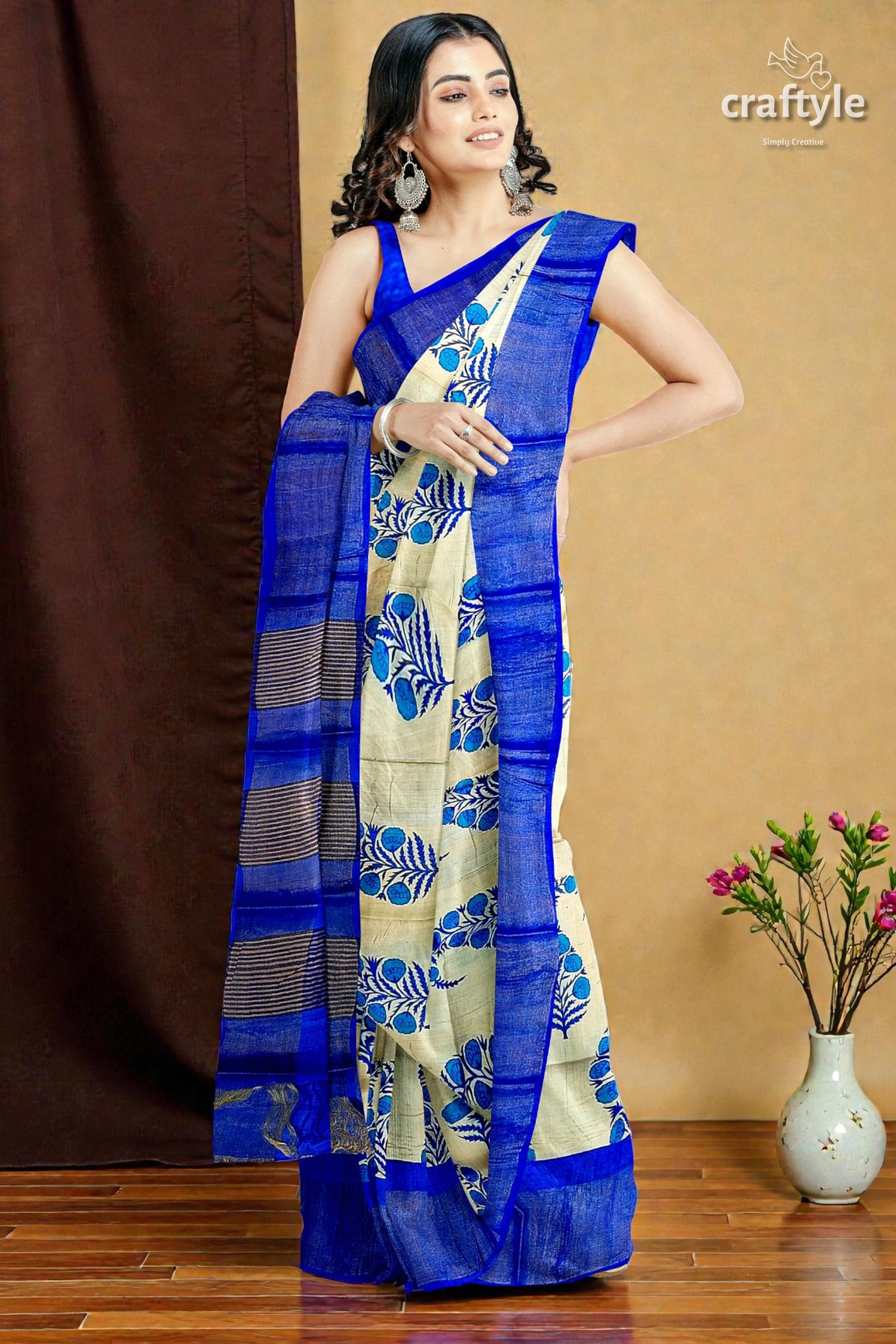 Azure Blue Cream Hand Block Print Zari Border Pure Tussar Saree