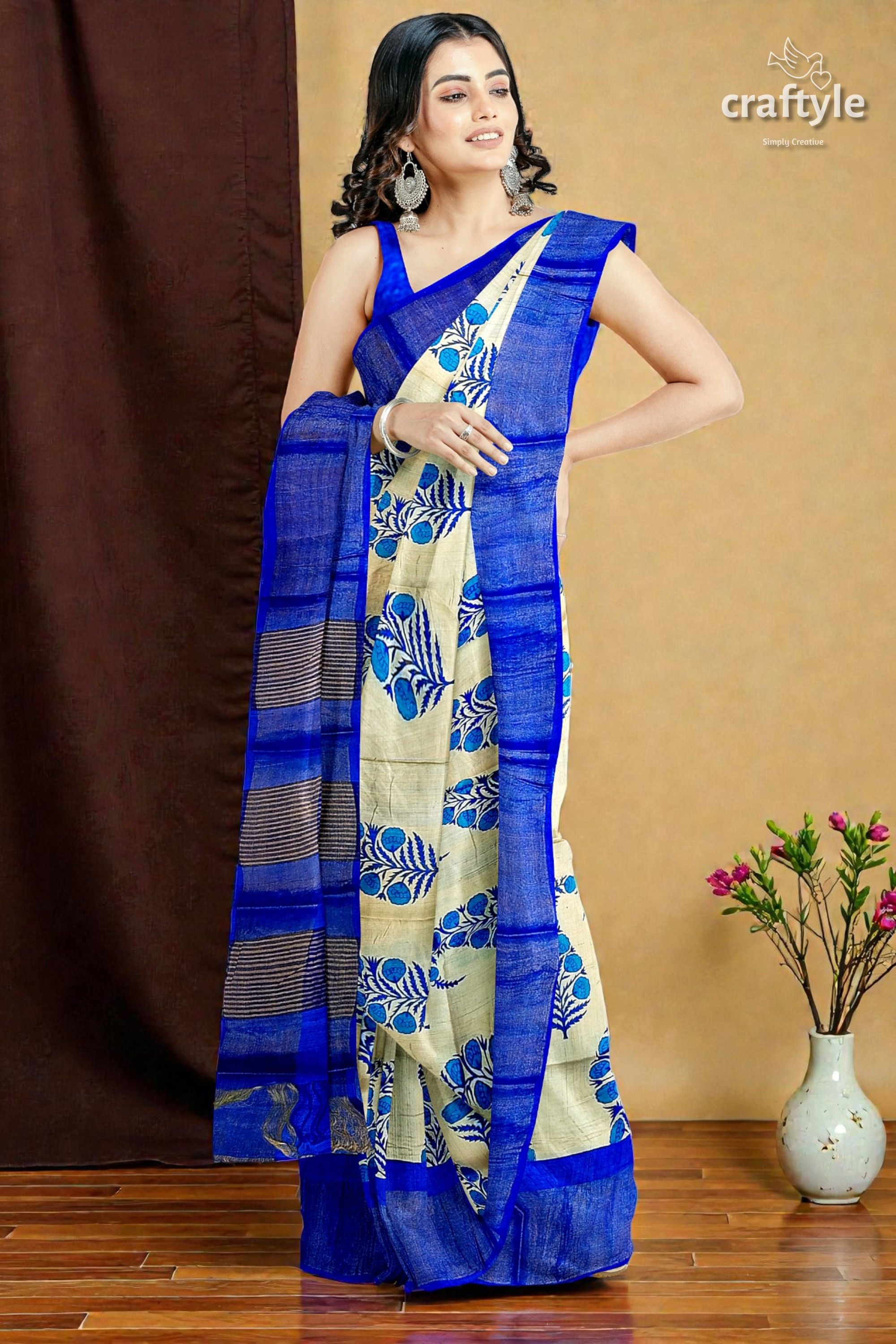 Azure Blue Cream Hand Block Print Zari Border Pure Tussar Saree