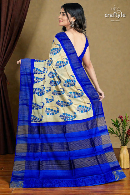 Azure Blue Cream Hand Block Print Zari Border Pure Tussar Saree