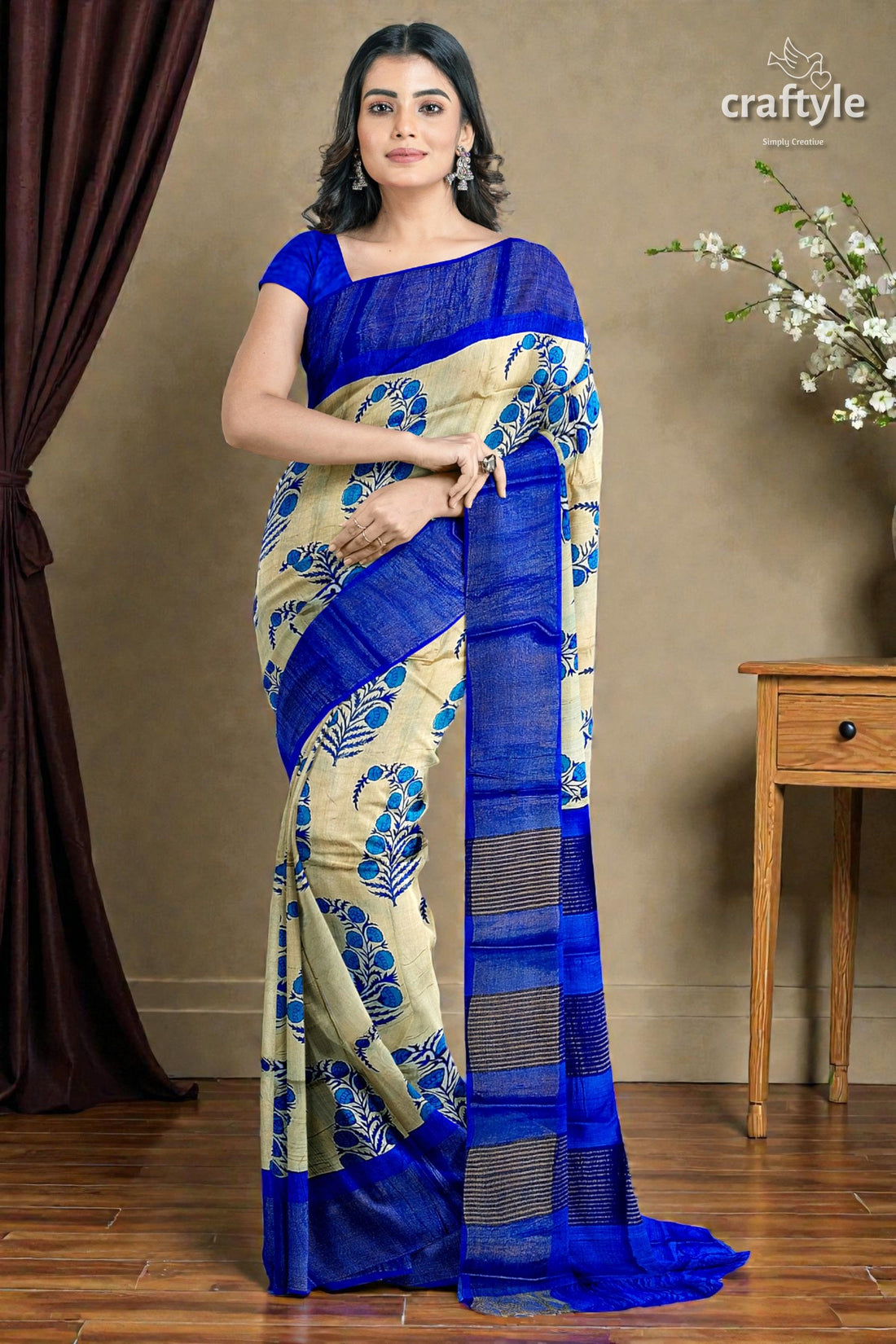 Azure Blue Cream Hand Block Print Zari Border Pure Tussar Saree