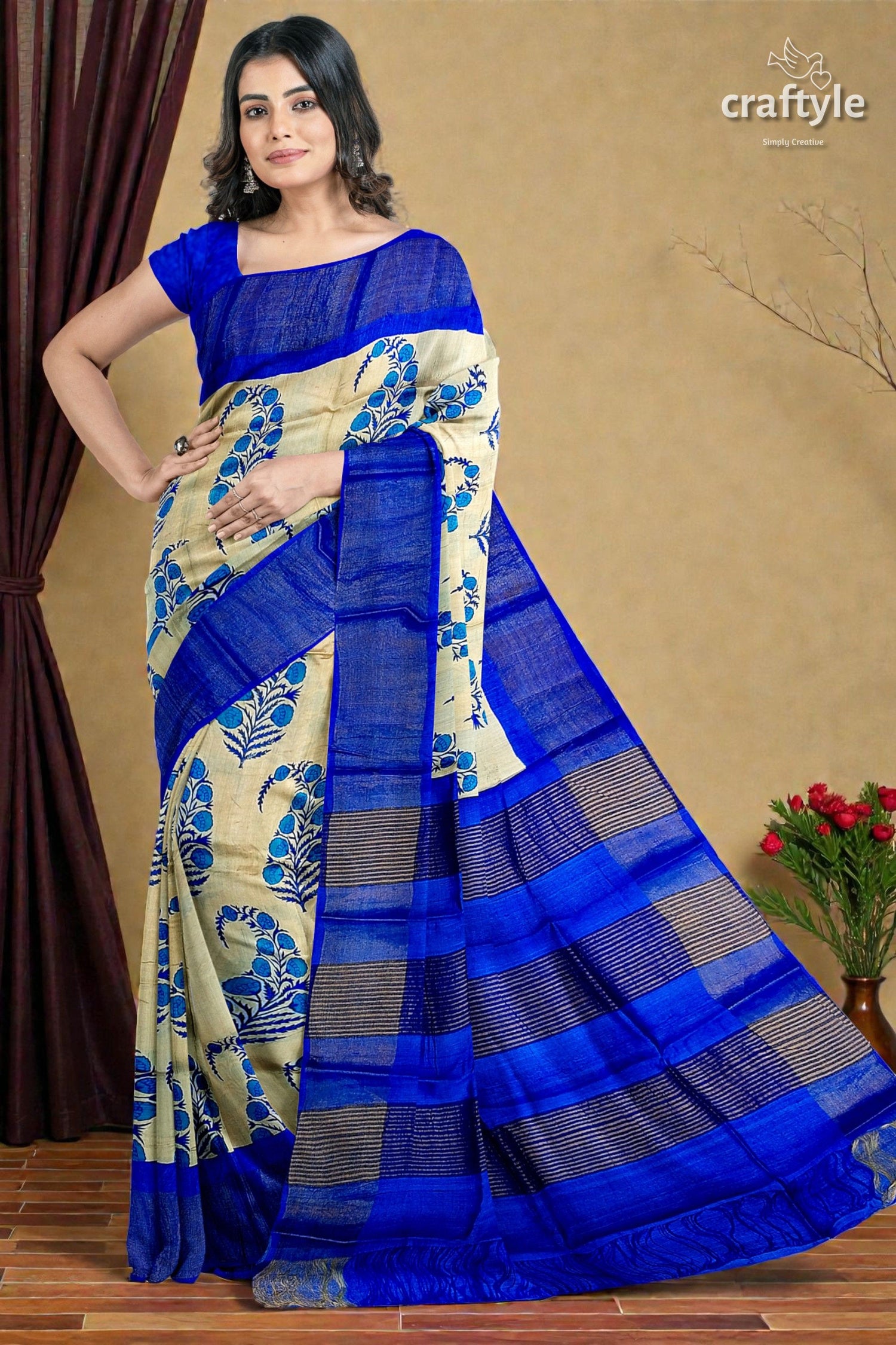 Azure Blue Cream Hand Block Print Zari Border Pure Tussar Saree