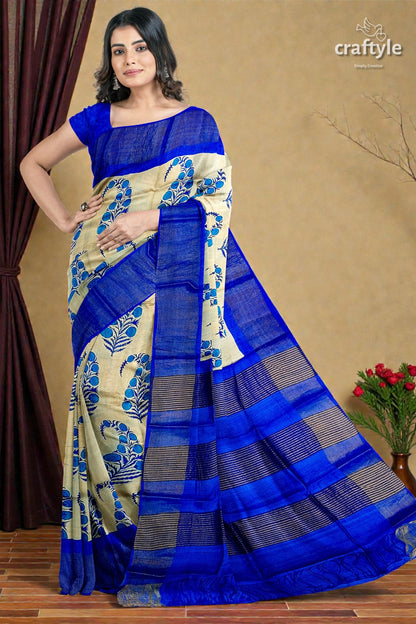 Azure Blue Cream Hand Block Print Zari Border Pure Tussar Saree