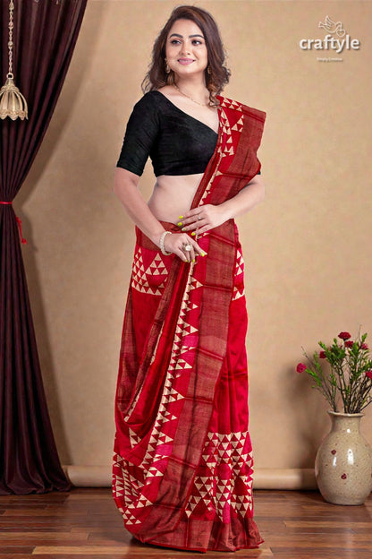 Carnelian Red Hand Block Print Zari Border Pure Tussar Silk Saree