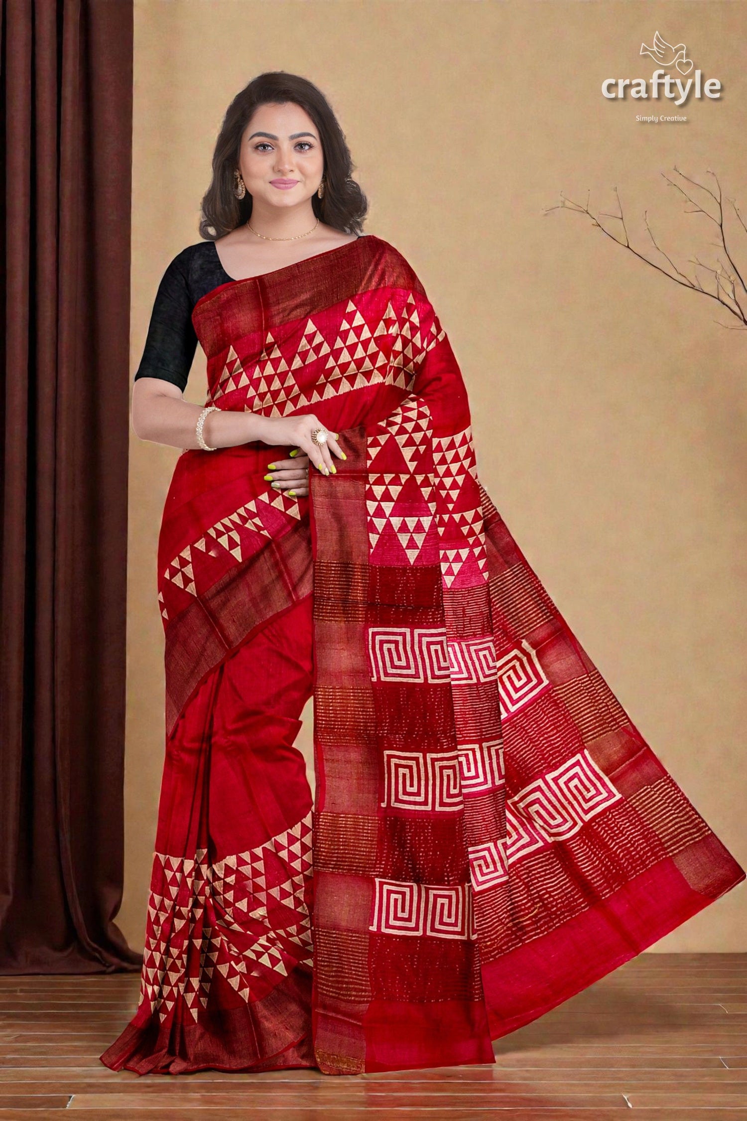 Carnelian Red Hand Block Print Zari Border Pure Tussar Silk Saree