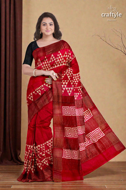 Carnelian Red Hand Block Print Zari Border Pure Tussar Silk Saree