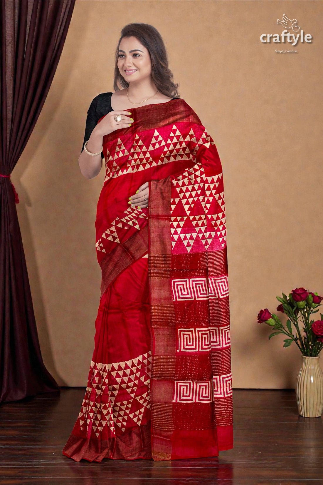 Carnelian Red Hand Block Print Zari Border Pure Tussar Silk Saree