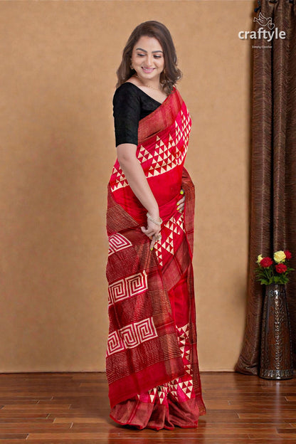 Carnelian Red Hand Block Print Zari Border Pure Tussar Silk Saree