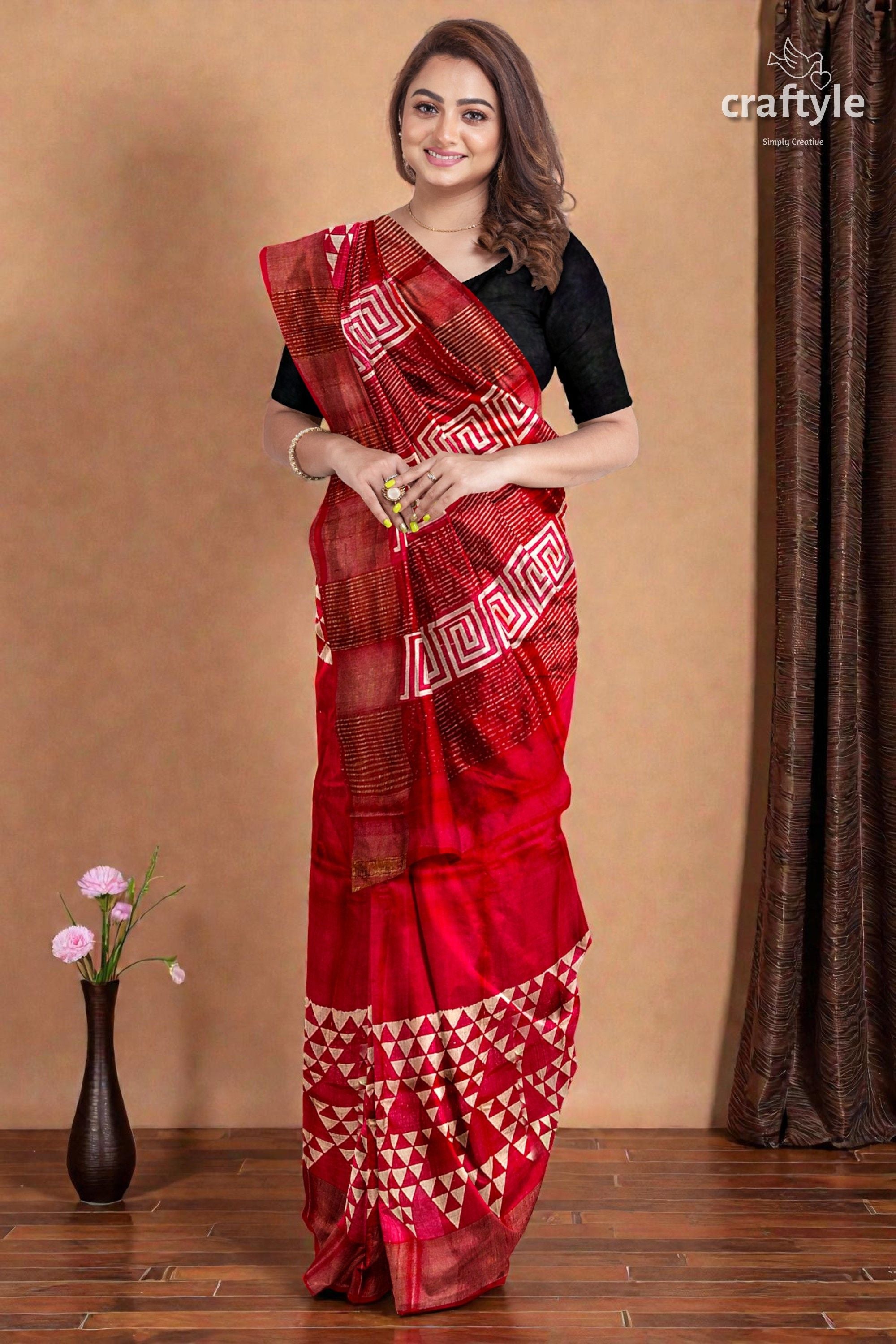 Carnelian Red Hand Block Print Zari Border Pure Tussar Silk Saree