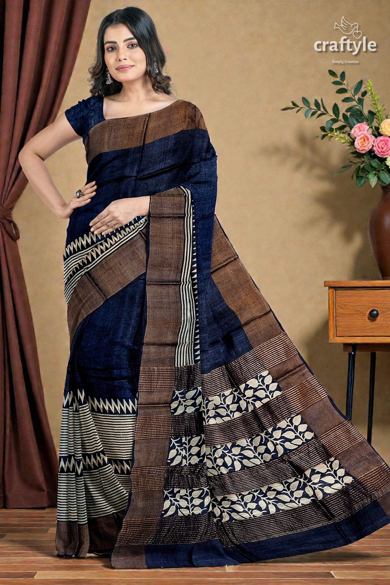 Dark Blue Hand Block Printed Pure Tussar Silk Saree with Zari Border