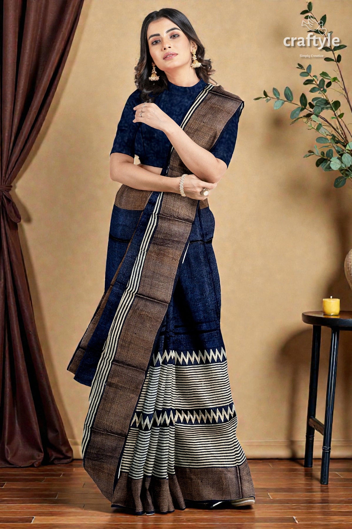 Dark Blue Hand Block Printed Pure Tussar Silk Saree with Zari Border