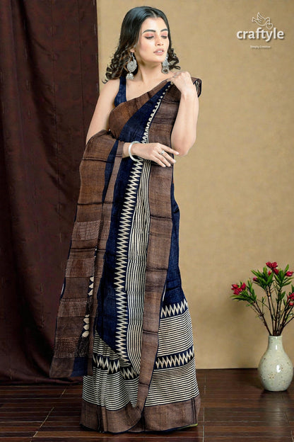 Dark Blue Hand Block Printed Pure Tussar Silk Saree with Zari Border