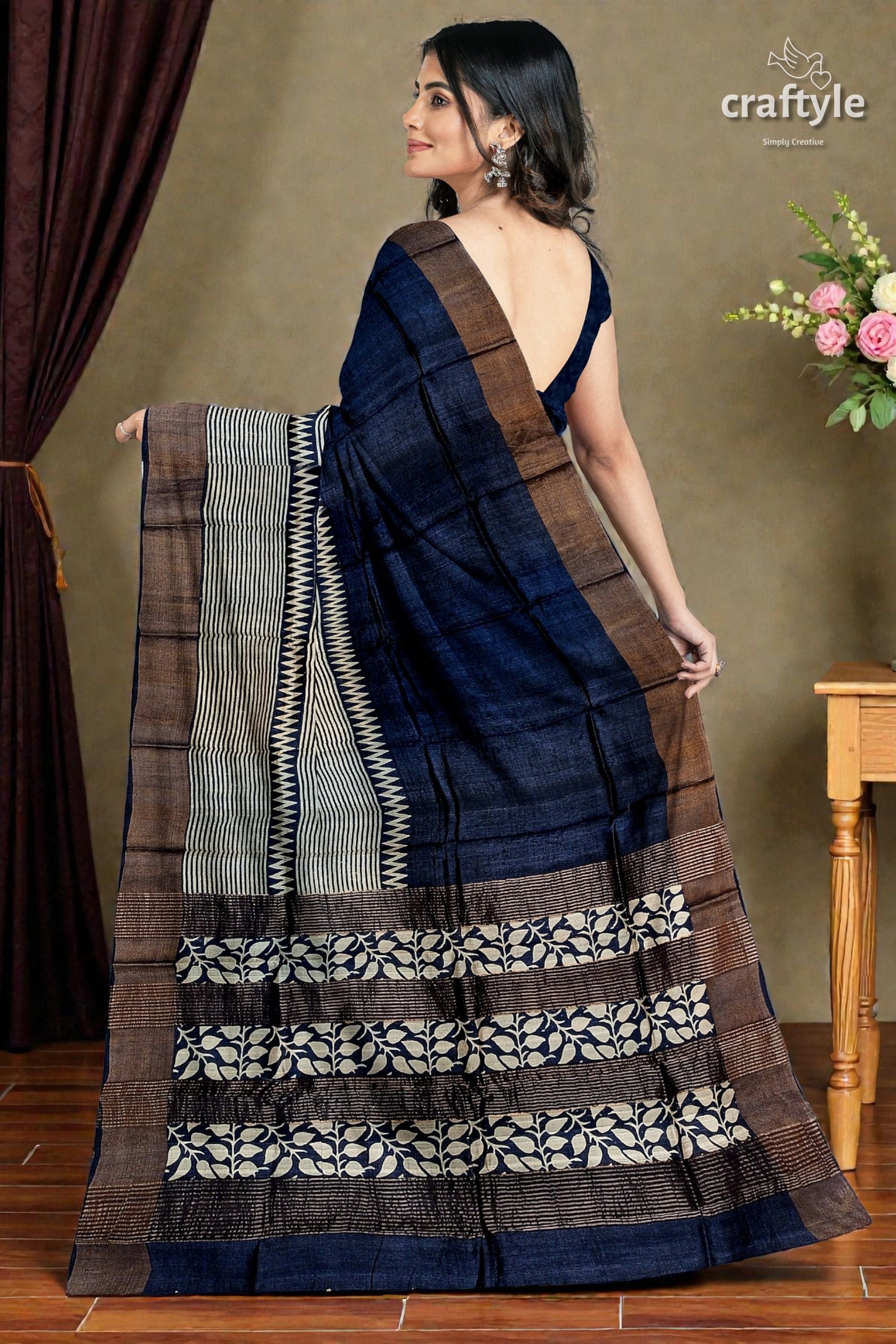 Dark Blue Hand Block Printed Pure Tussar Silk Saree with Zari Border