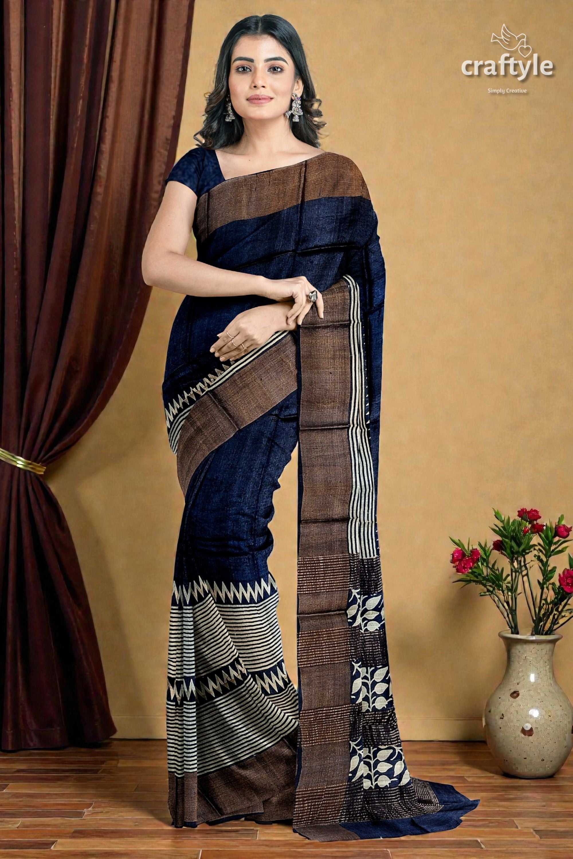 Dark Blue Hand Block Printed Pure Tussar Silk Saree with Zari Border