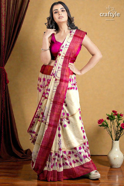 Magenta Cream Hand Block Print Zari Border Pure Tussar Saree