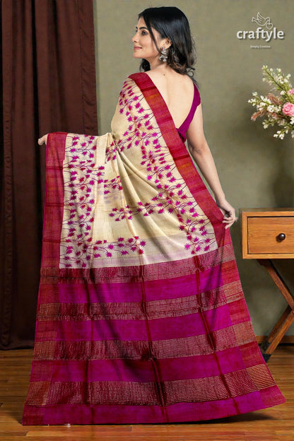 Magenta Cream Hand Block Print Zari Border Pure Tussar Saree