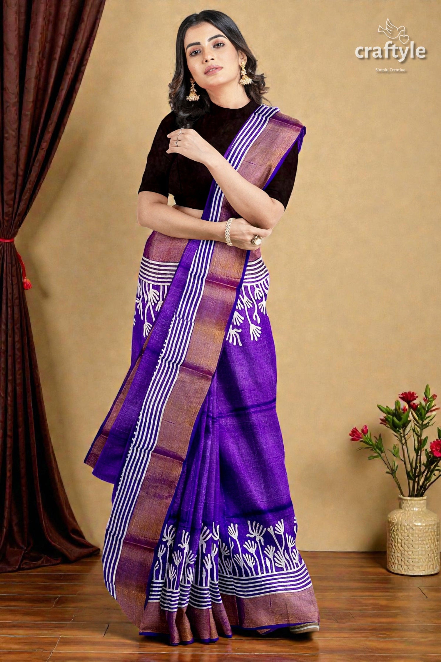 Deep Violet Floral Motif Pure Tussar Saree with Hand Block Print Zari Border