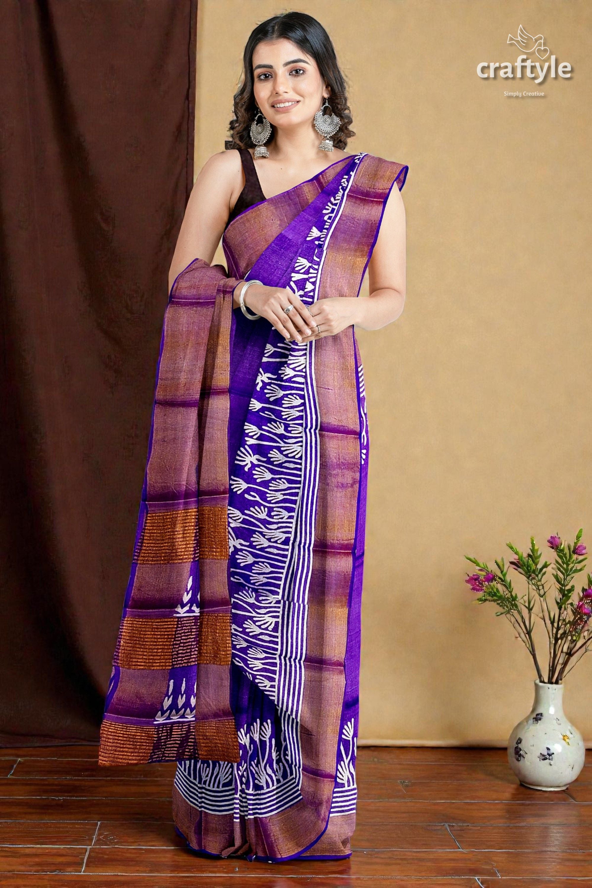 Deep Violet Floral Motif Pure Tussar Saree with Hand Block Print Zari Border