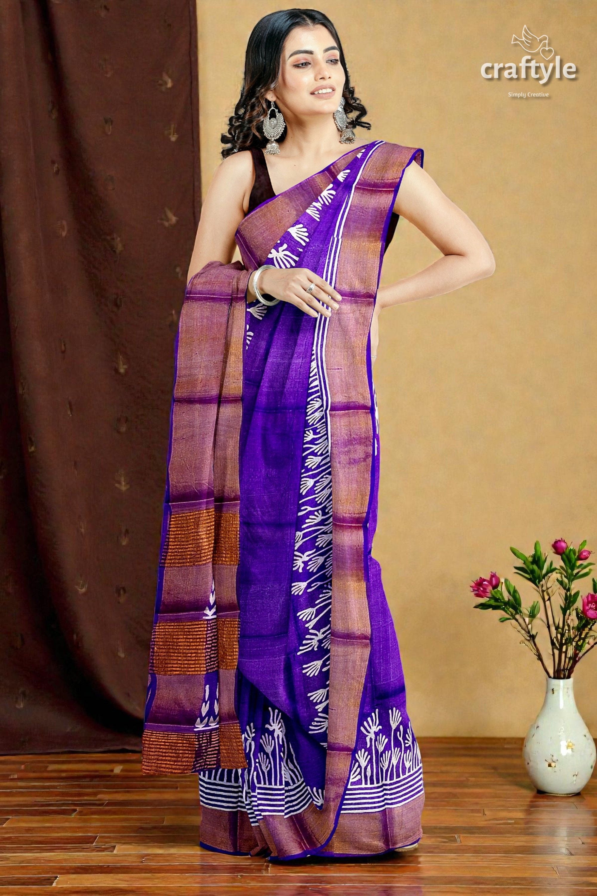 Deep Violet Floral Motif Pure Tussar Saree with Hand Block Print Zari Border