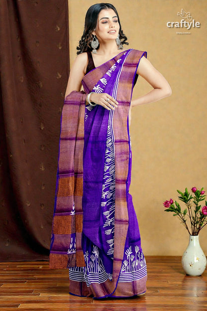 Deep Violet Floral Motif Pure Tussar Saree with Hand Block Print Zari Border