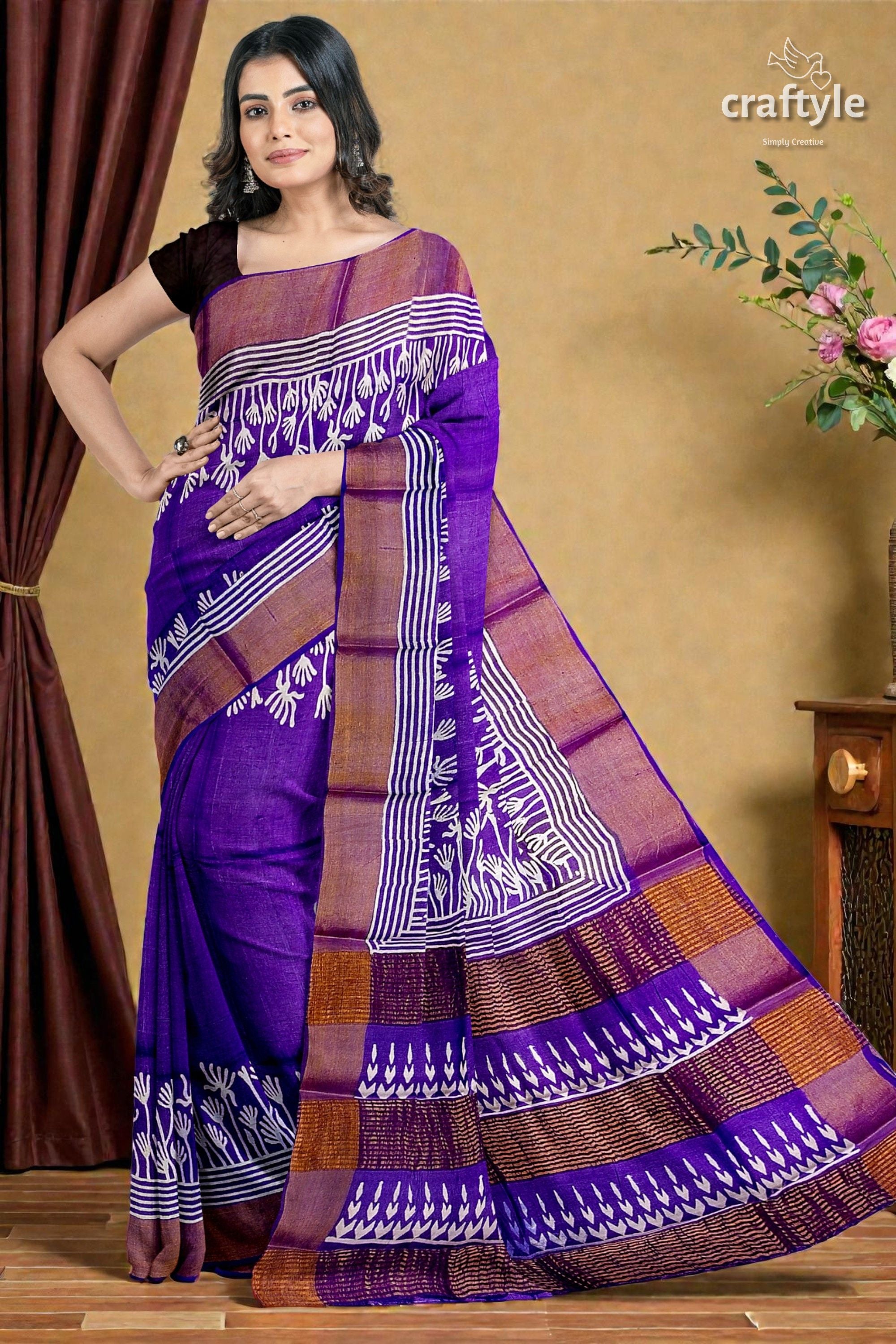 Deep Violet Floral Motif Pure Tussar Saree with Hand Block Print Zari Border
