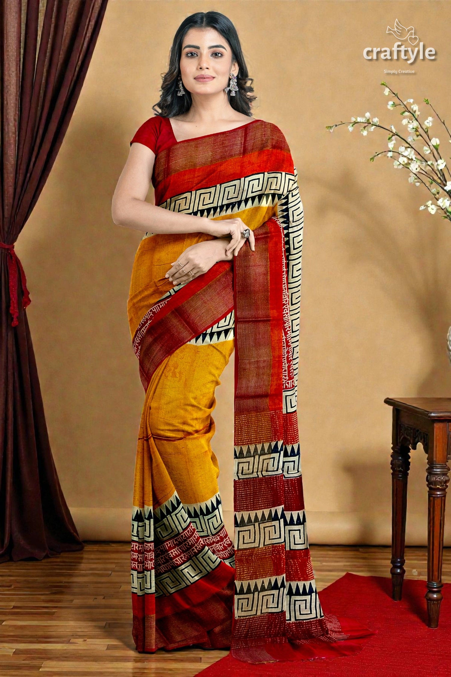 Saffron Yellow Pure Tussar Silk Saree with Hand Block Print and Zari Border