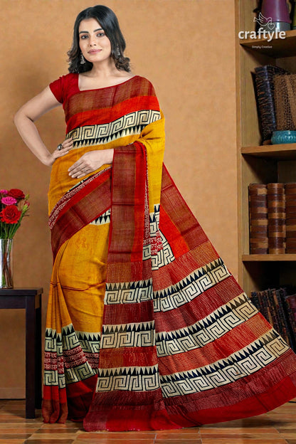 Saffron Yellow Pure Tussar Silk Saree with Hand Block Print and Zari Border