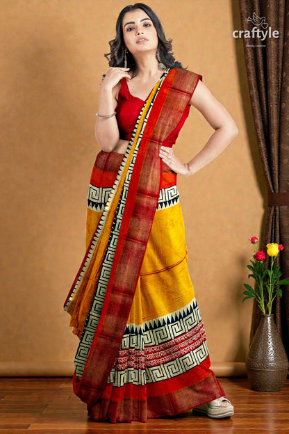 Saffron Yellow Pure Tussar Silk Saree with Hand Block Print and Zari Border