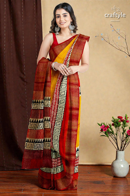 Saffron Yellow Pure Tussar Silk Saree with Hand Block Print and Zari Border