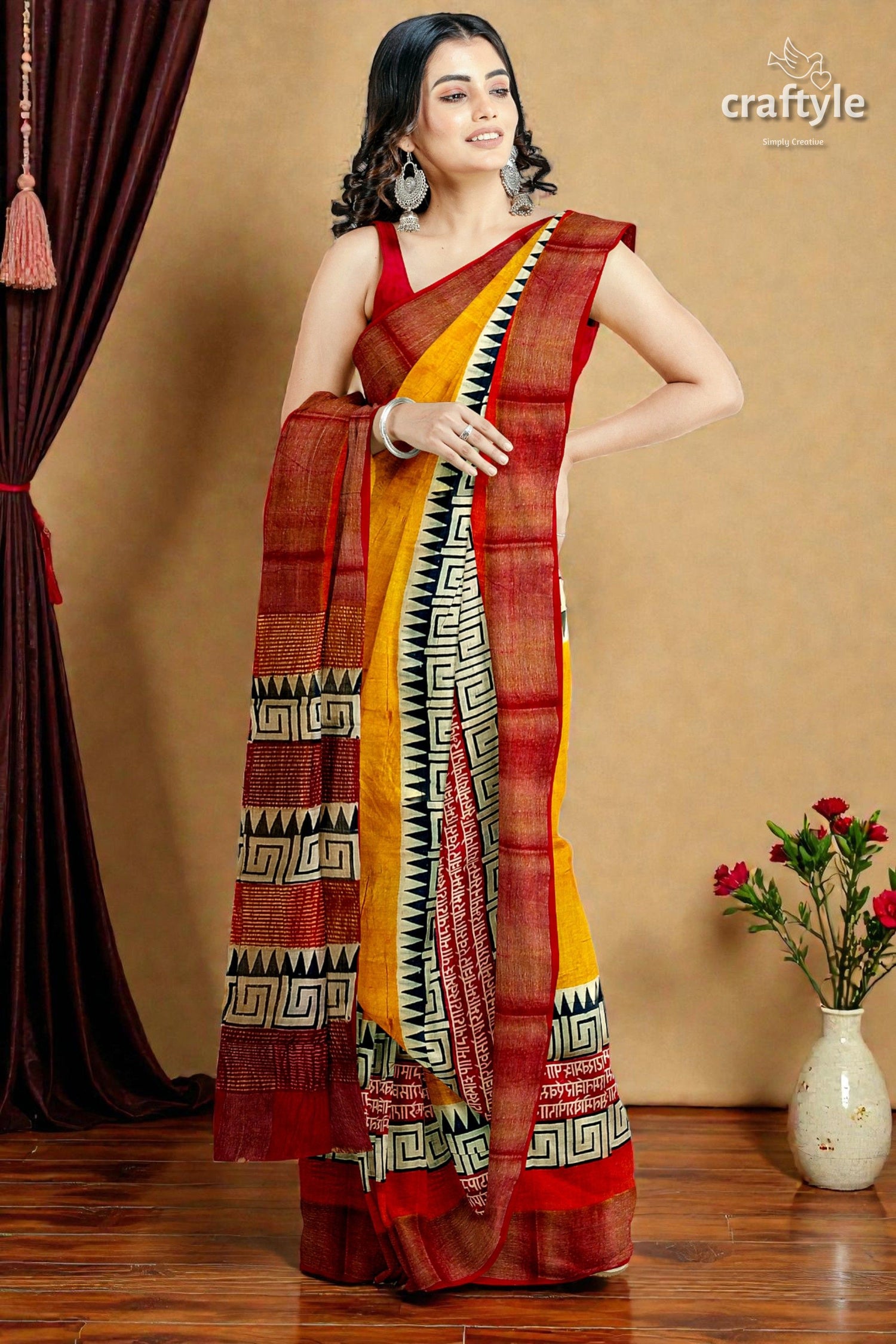 Saffron Yellow Pure Tussar Silk Saree with Hand Block Print and Zari Border