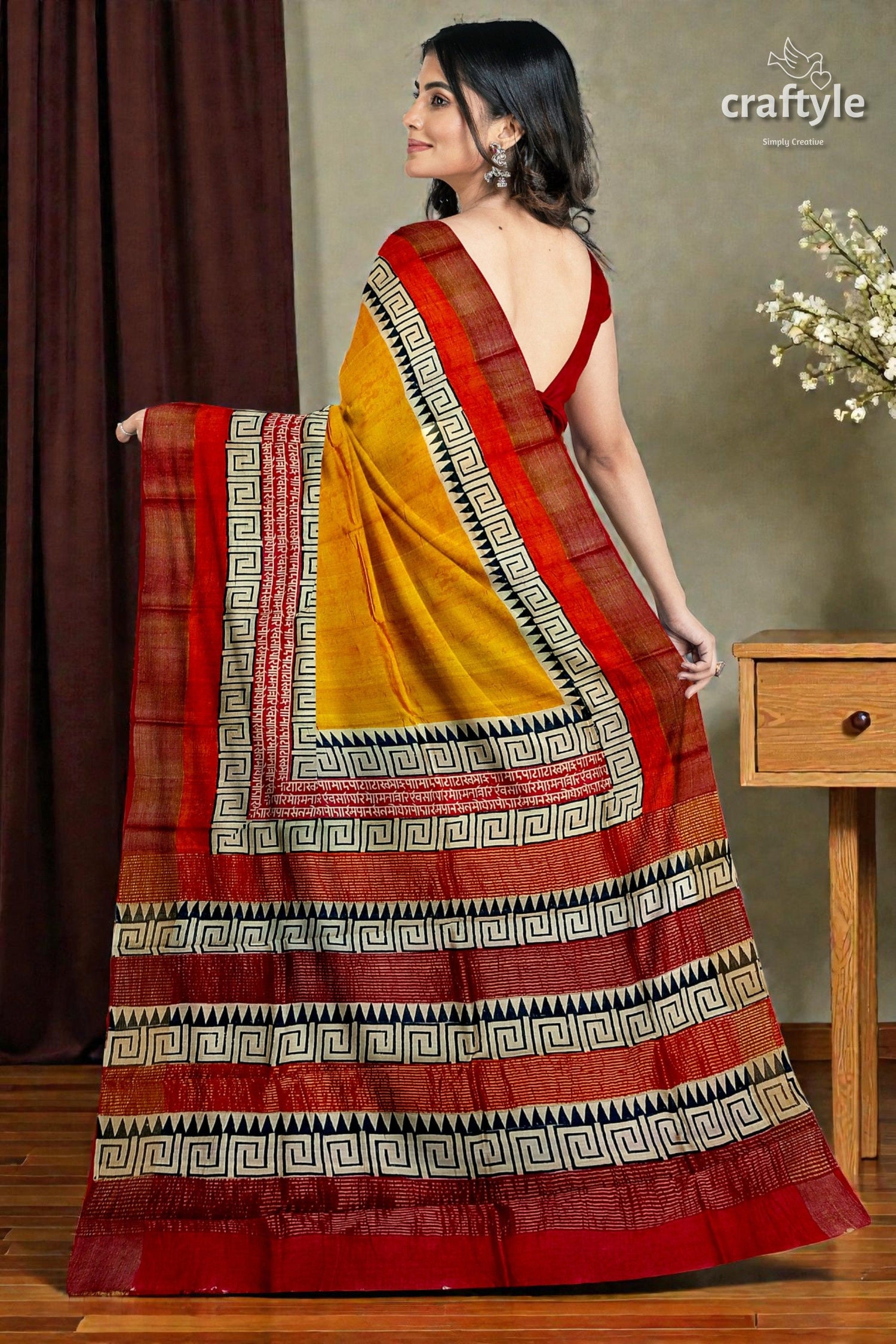 Saffron Yellow Pure Tussar Silk Saree with Hand Block Print and Zari Border