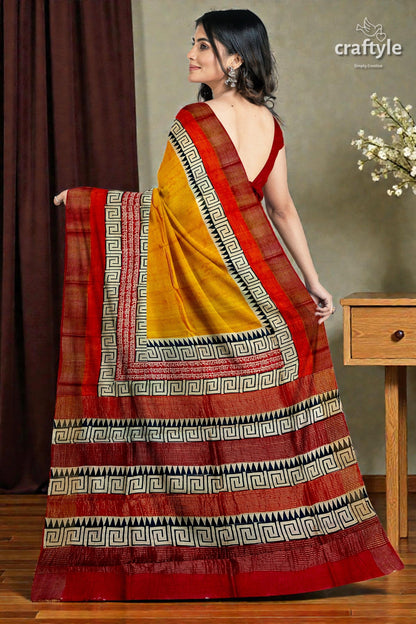 Saffron Yellow Pure Tussar Silk Saree with Hand Block Print and Zari Border