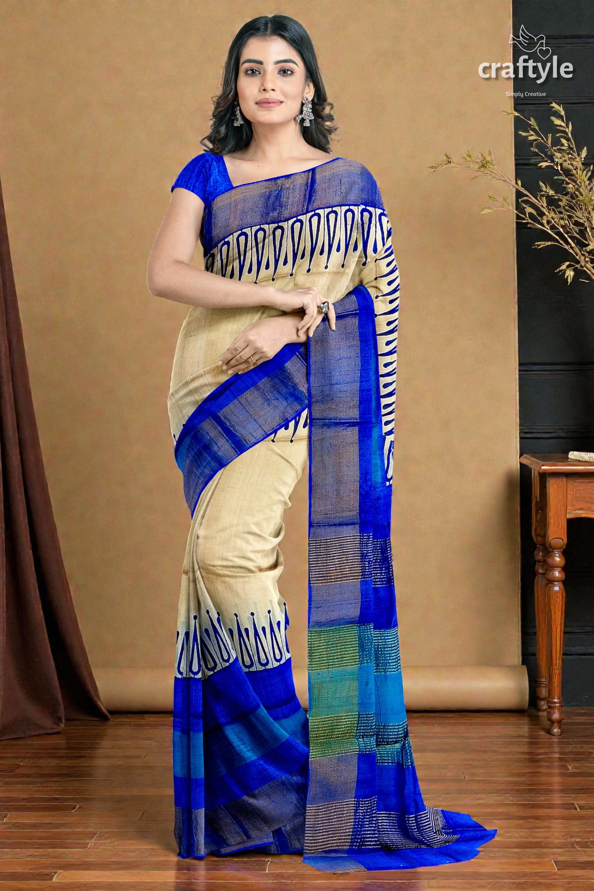 Hand Block Printed Azure Blue Pure Tussar Silk Saree with Zari Border