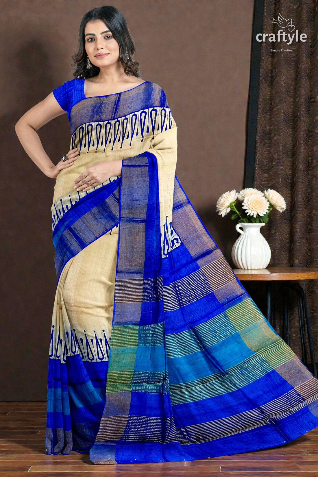Hand Block Printed Azure Blue Pure Tussar Silk Saree with Zari Border