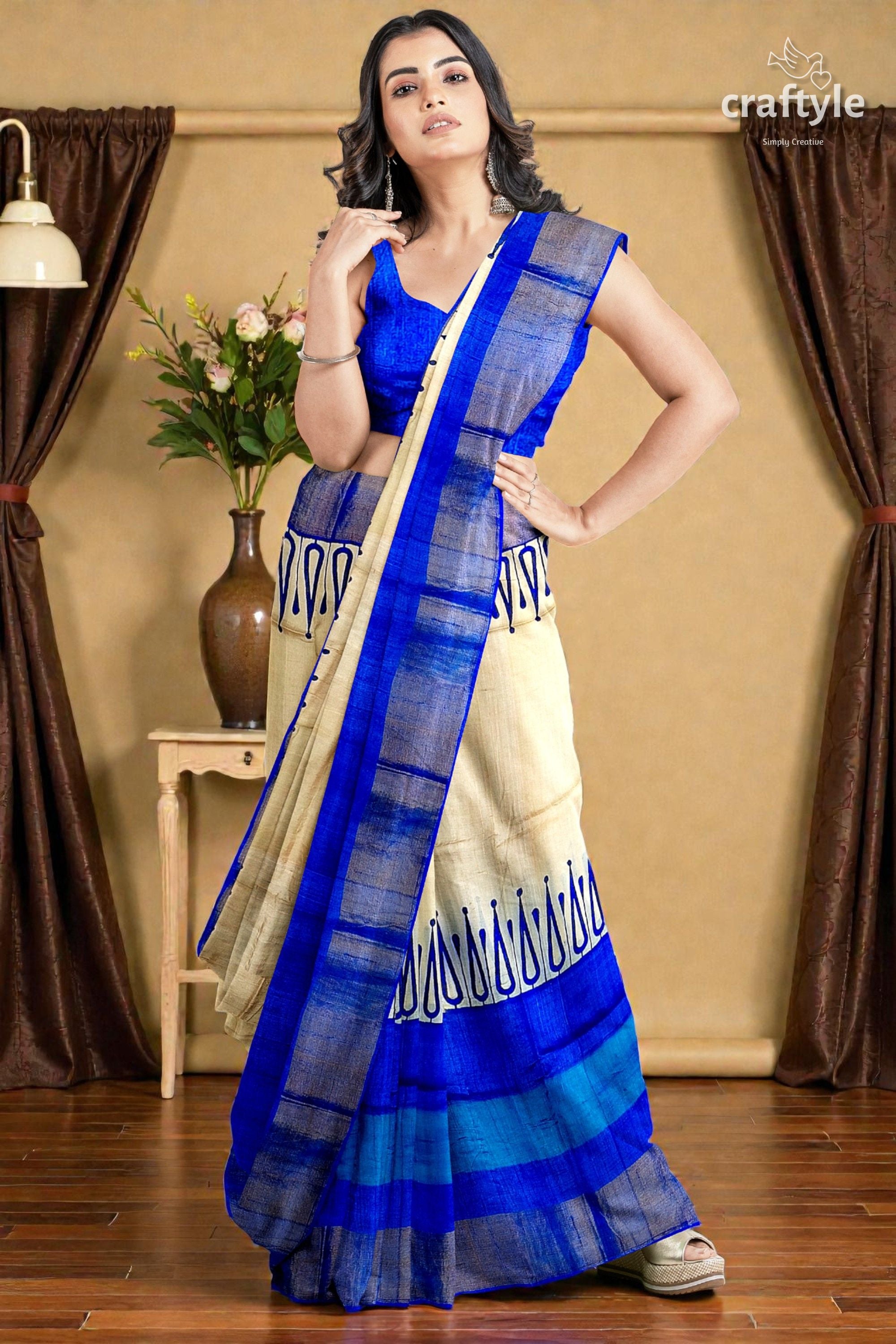 Hand Block Printed Azure Blue Pure Tussar Silk Saree with Zari Border